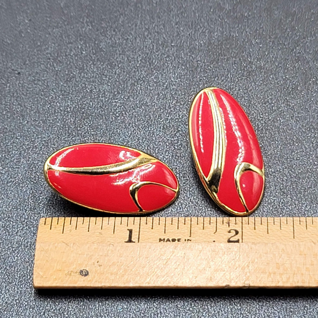 Vintage Pierced Earrings Gold tone Red Enamel Oval Drop 1.25"