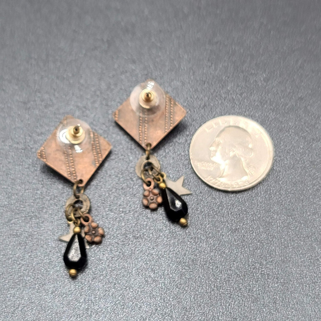 Pierced Earrings Copper and Silver tone Star Black Beads Layered Dangle 2"