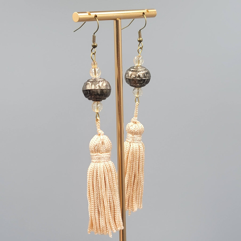 LONG Tassel Pierced Earrings Bronze tone Metal Beads Dangle 3.5"