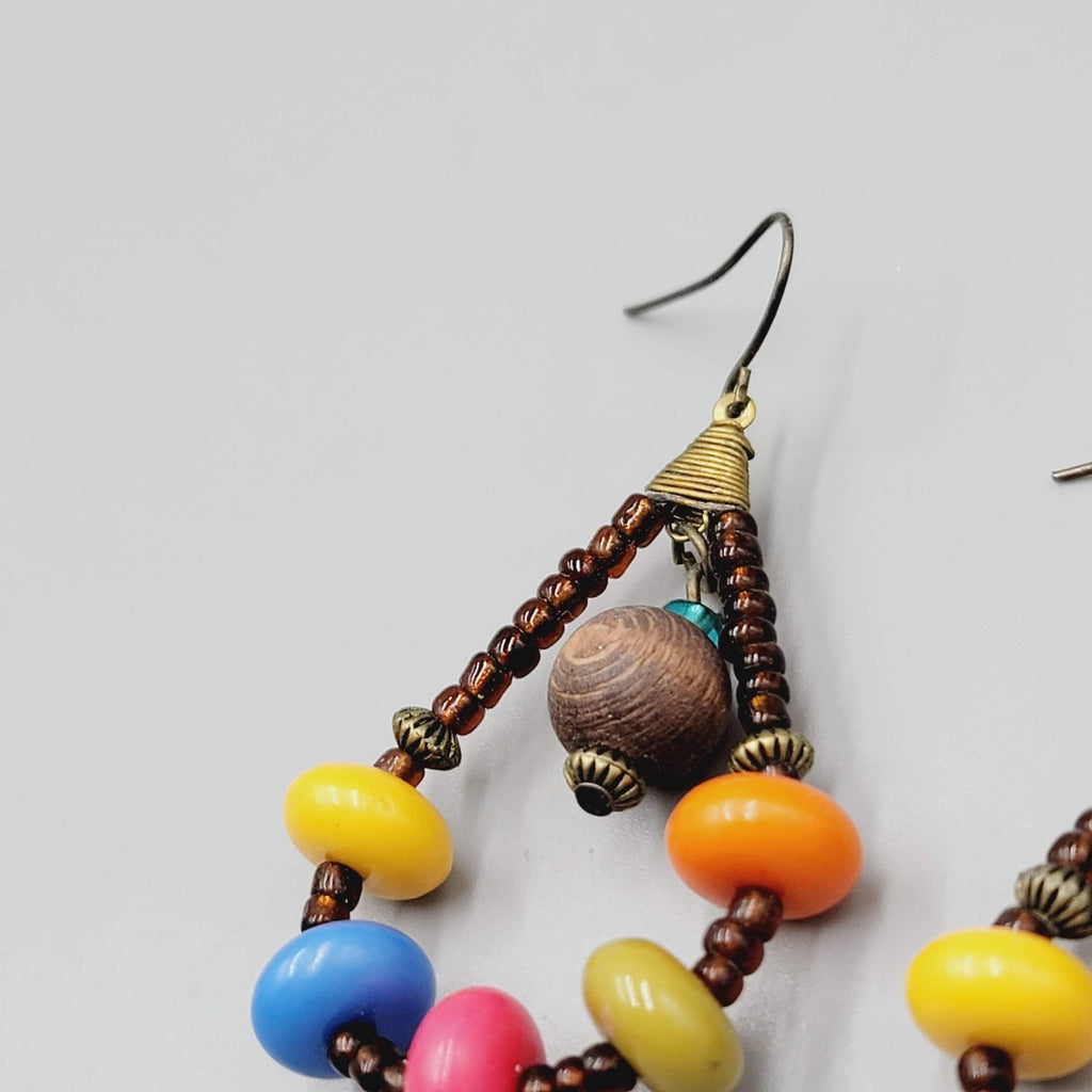 Multicolor Wood Beads Pierced Earrings Teardrop Dangle 2"