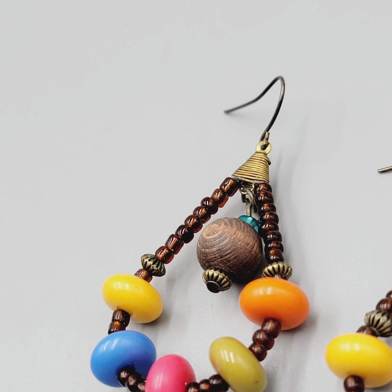 Multicolor Wood Beads Pierced Earrings Teardrop Dangle 2"