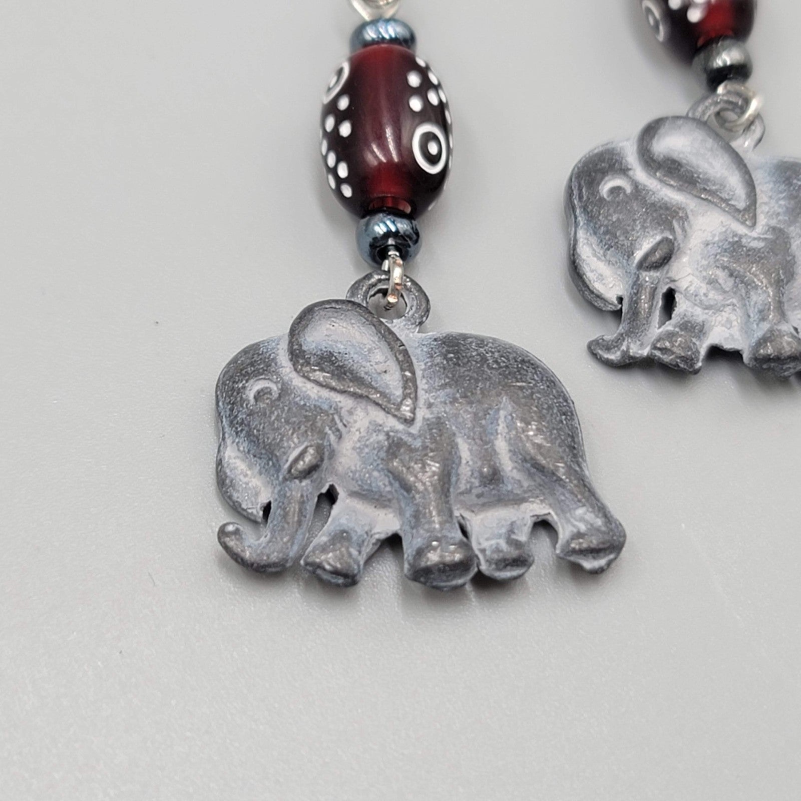 Elephant Pierced Earrings Silver tone Dangle Red Bead  1.75"