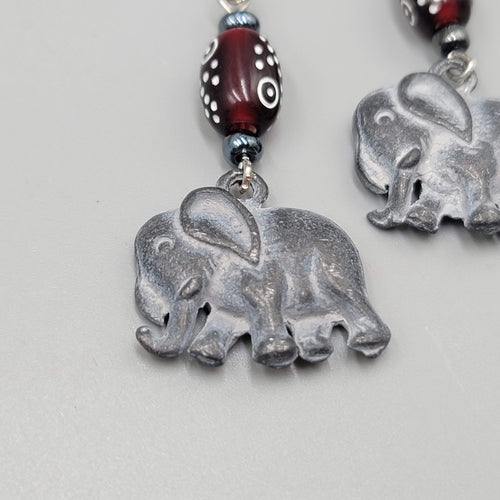 Elephant Pierced Earrings Silver tone Dangle Red Bead  1.75"