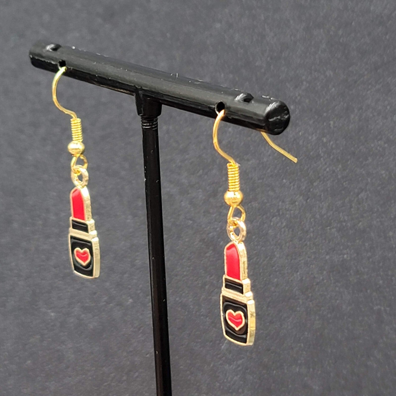 Lipstick Pierced Earrings Gold tone Red Heart Black Enamel Dangle 3/4"