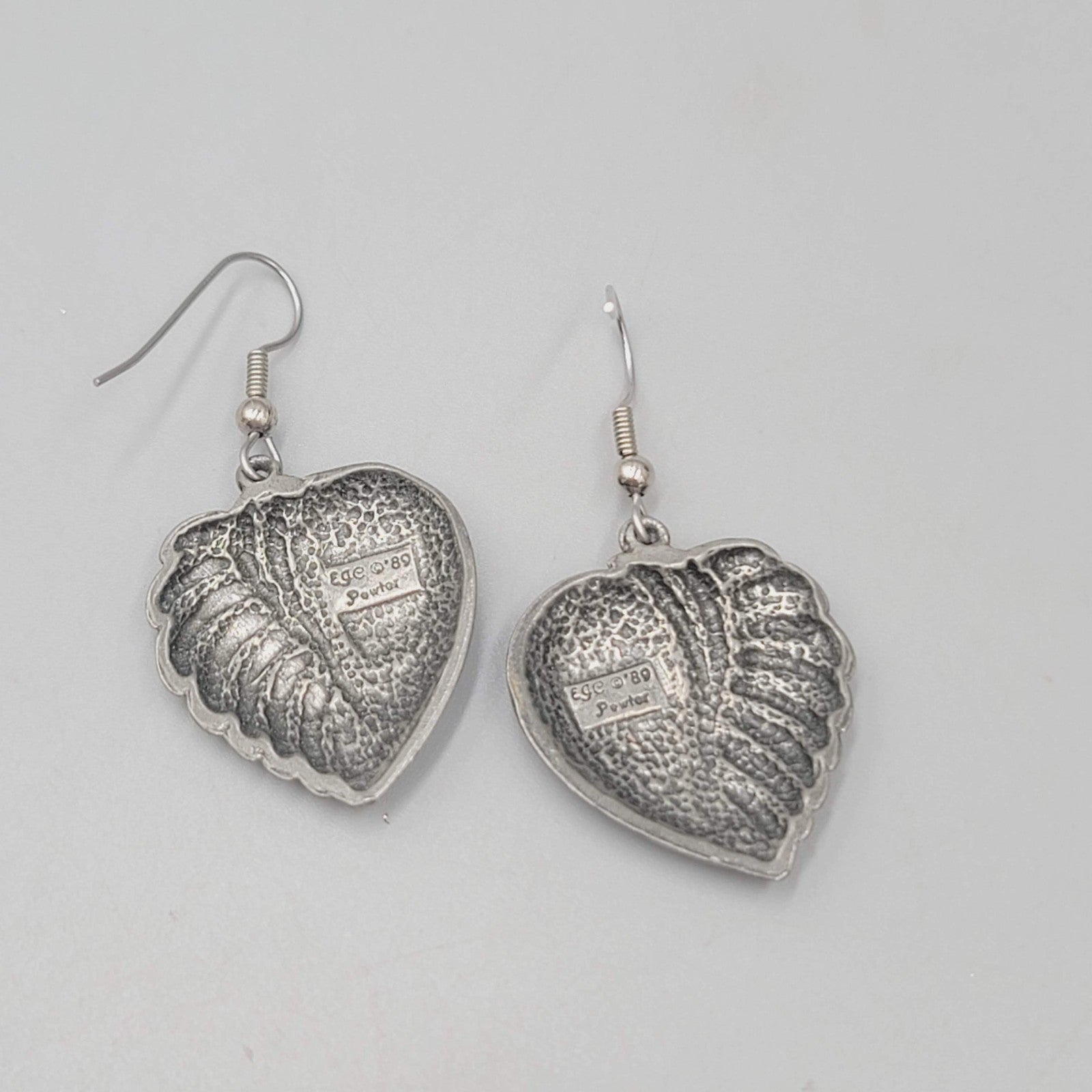 Vintage EGE Pewter Heart Pierced Earrings Dangle 1.25"