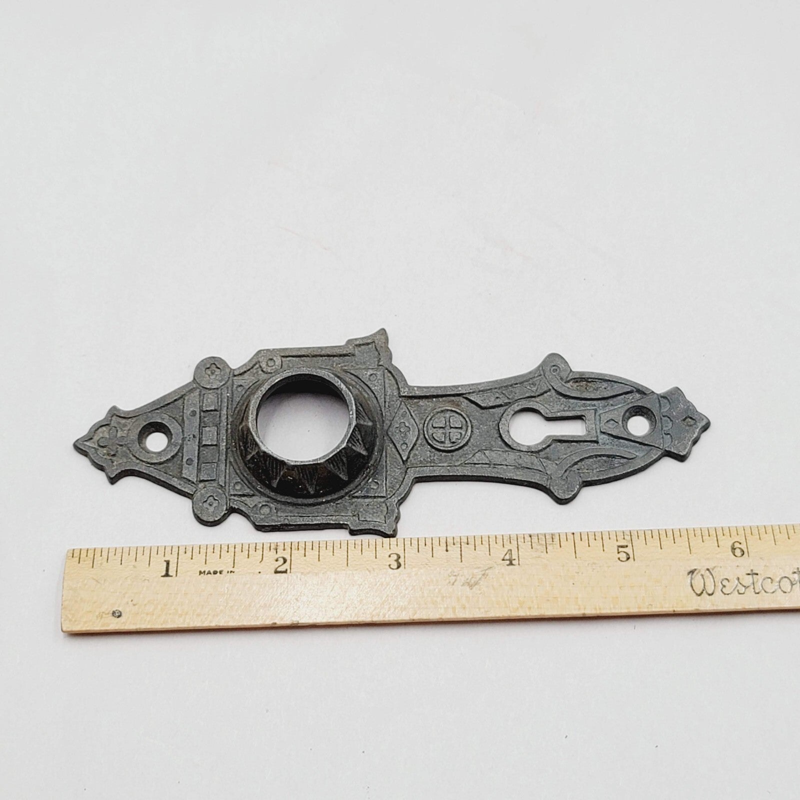 Vintage Cast Iron Doorknob Back Plate Skeleton Keyhole Ornate 5.75"x2" holes 2.2