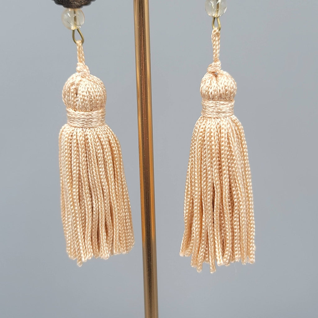 LONG Tassel Pierced Earrings Bronze tone Metal Beads Dangle 3.5"