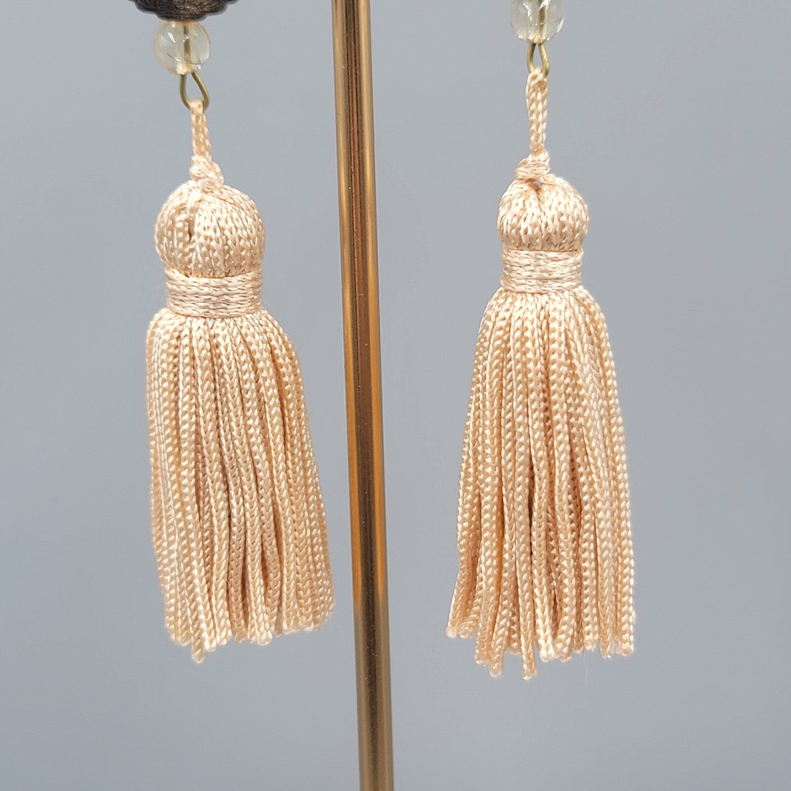 LONG Tassel Pierced Earrings Bronze tone Metal Beads Dangle 3.5"
