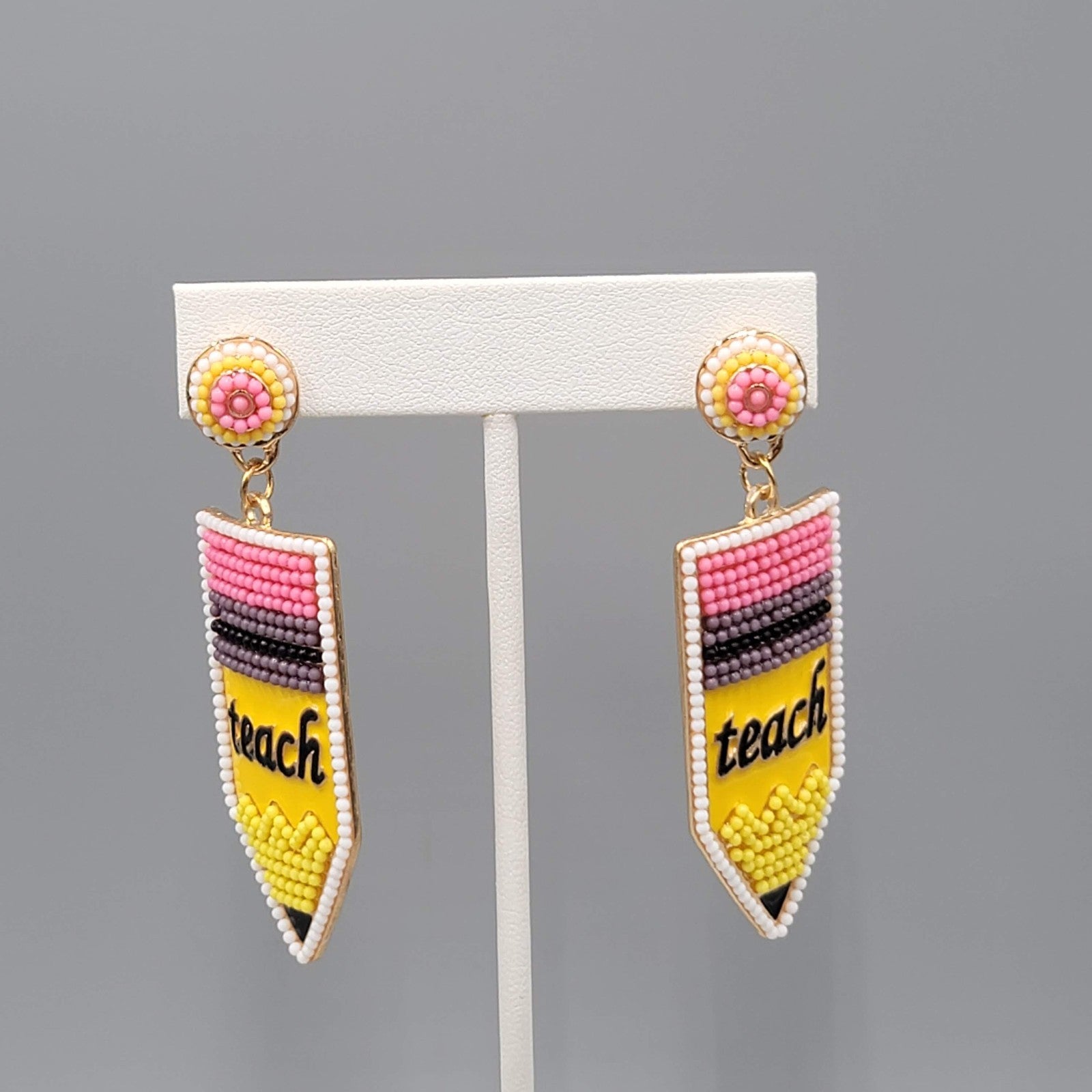 Teach Statement Pencils Pierced Earrings Gold tone Dangle Teacher 2.75"