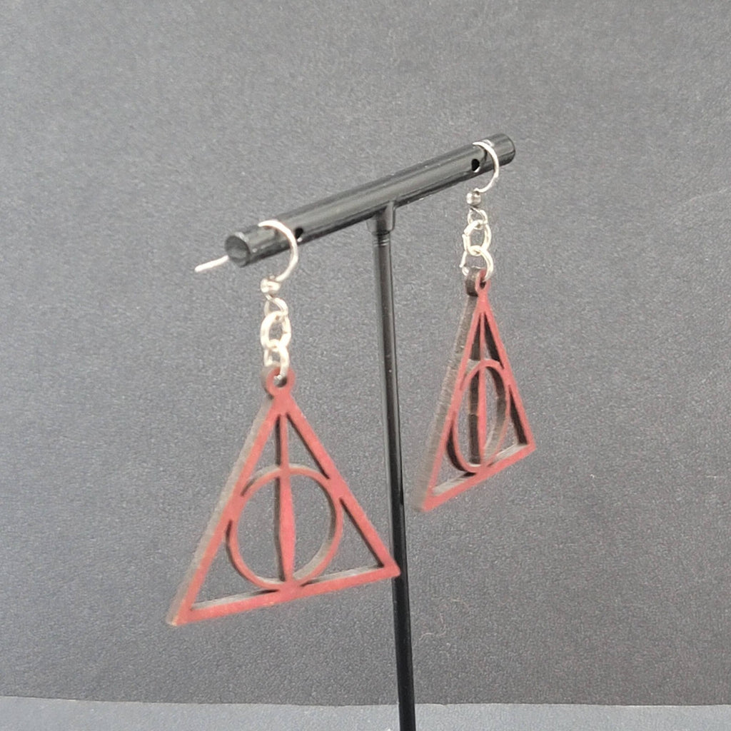 Deathly Hallows Pierced Earrings Harry Potter Wood Laser Cut Burgundy Red 1.25"