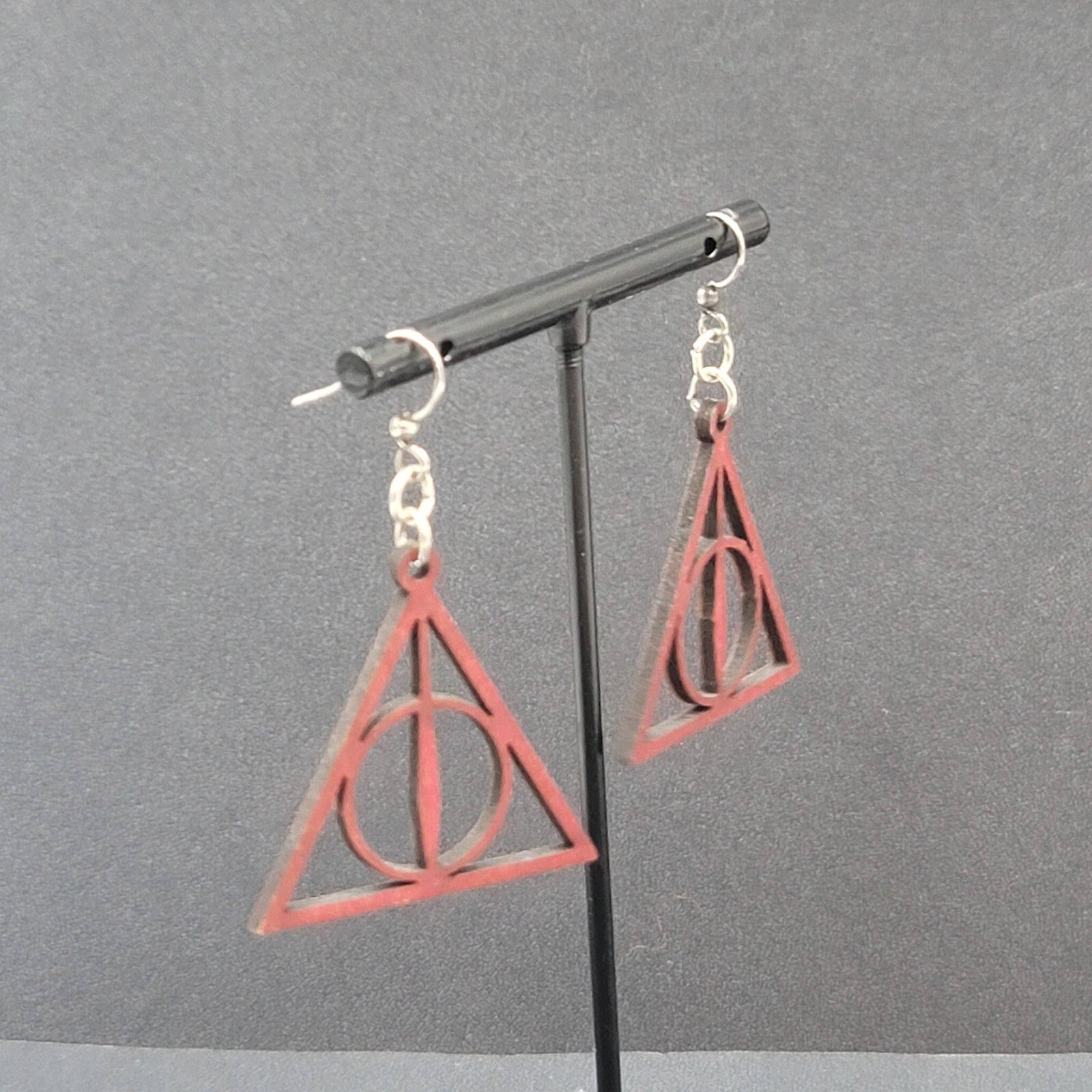 Deathly Hallows Pierced Earrings Harry Potter Wood Laser Cut Burgundy Red 1.25"