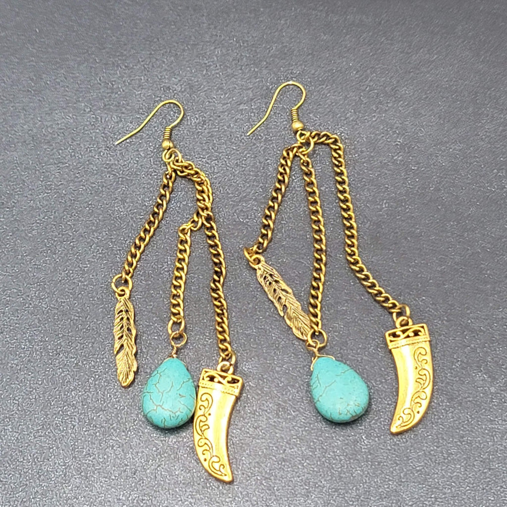Pierced Earrings Large Gold tone Multi Chain Charms Beaded Statement 4"