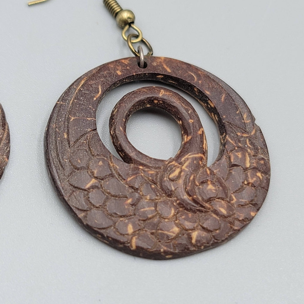 Vintage Coconut Pierced Earrings Hand Carved Bird Dangle 1.5"