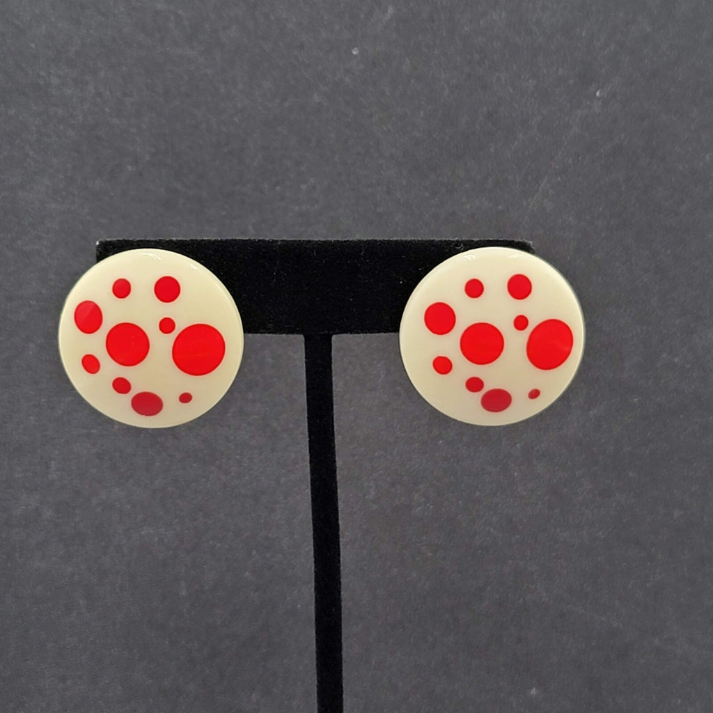 Vintage Pierced Earrings White Acrylic Round Red Polka Dots 1"