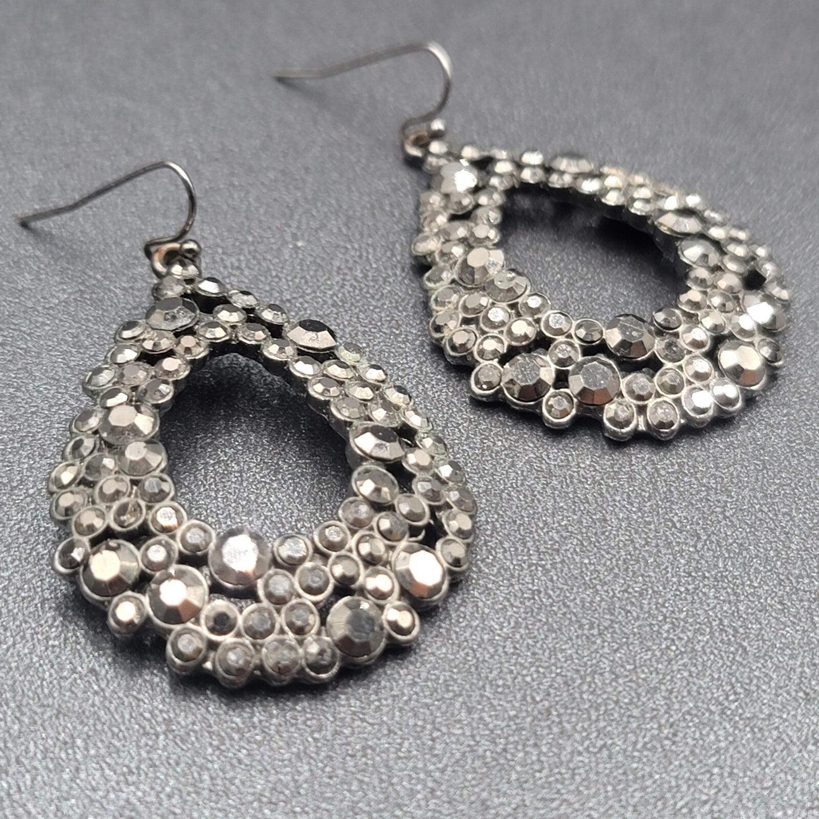 Pierced Earrings Black Metal Rhinestone Open Teardrop 1.75"