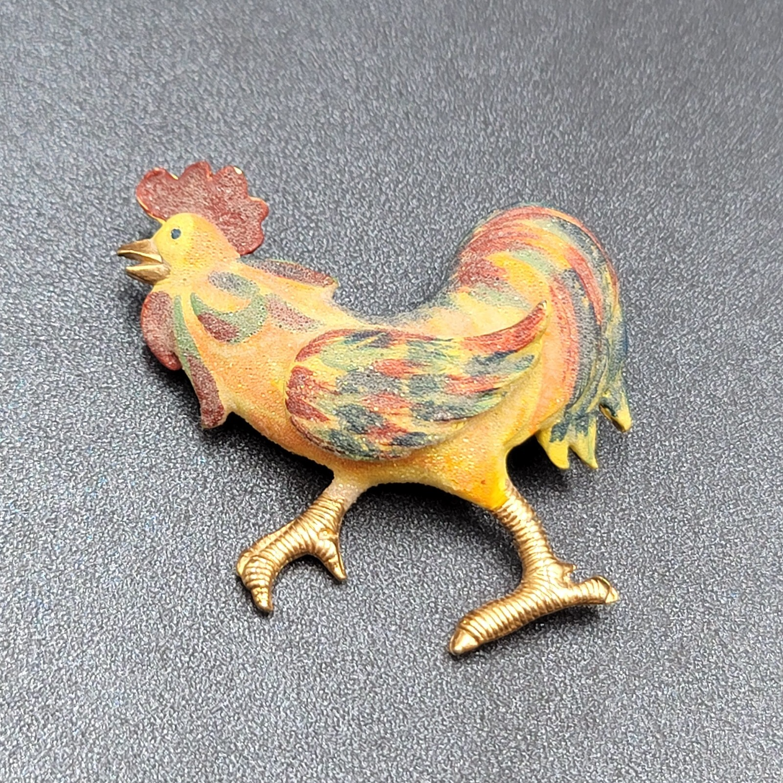Vintage Rooster Brooch Gold tone Sugared Enamel 2.25"