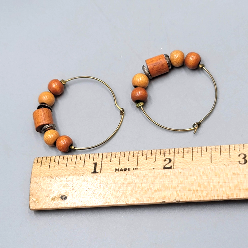Wood Bead Hoops Pierced Earrings Bronze tone Dangle 1.25"