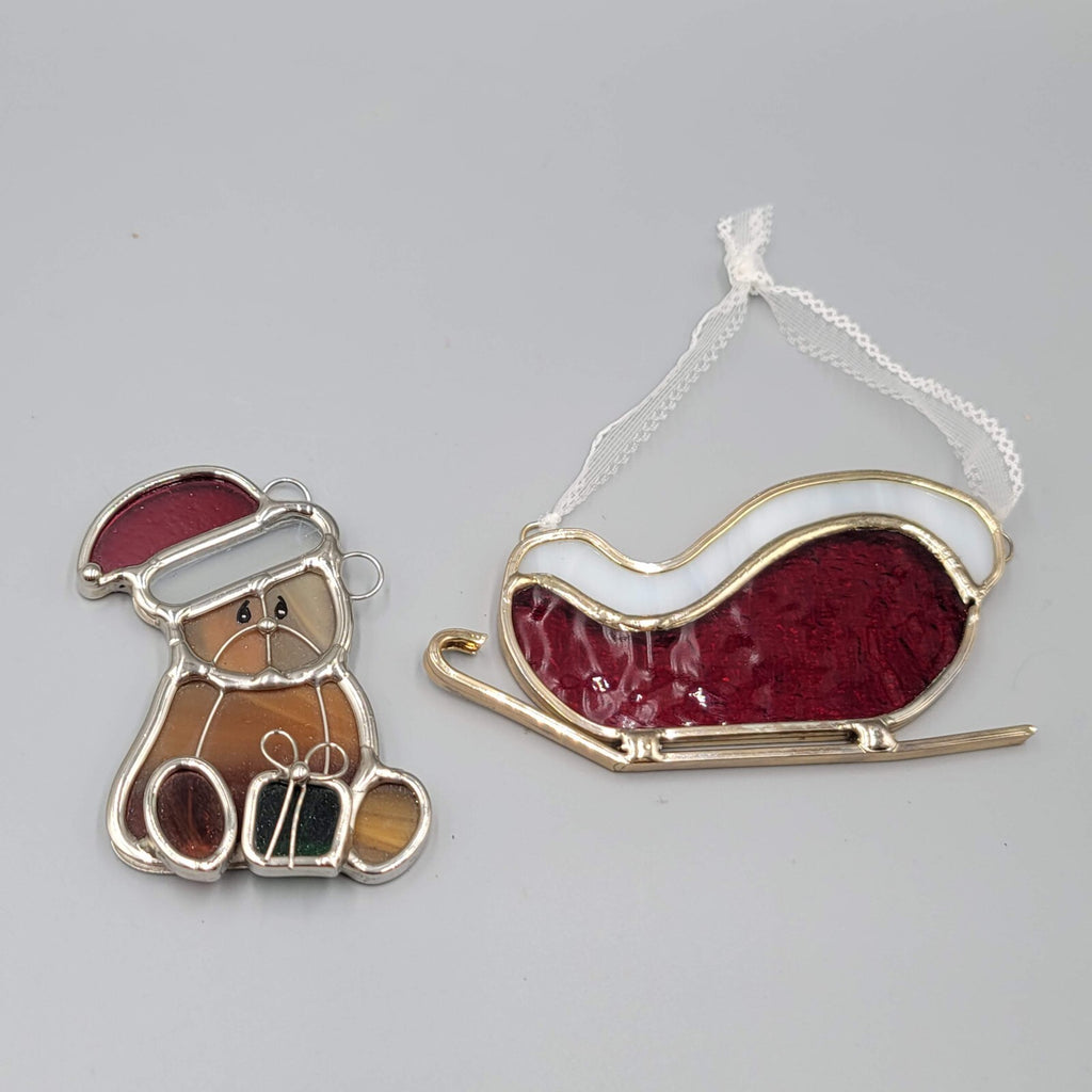 Stained Glass Christmas Ornaments Teddy Bear and Sleigh