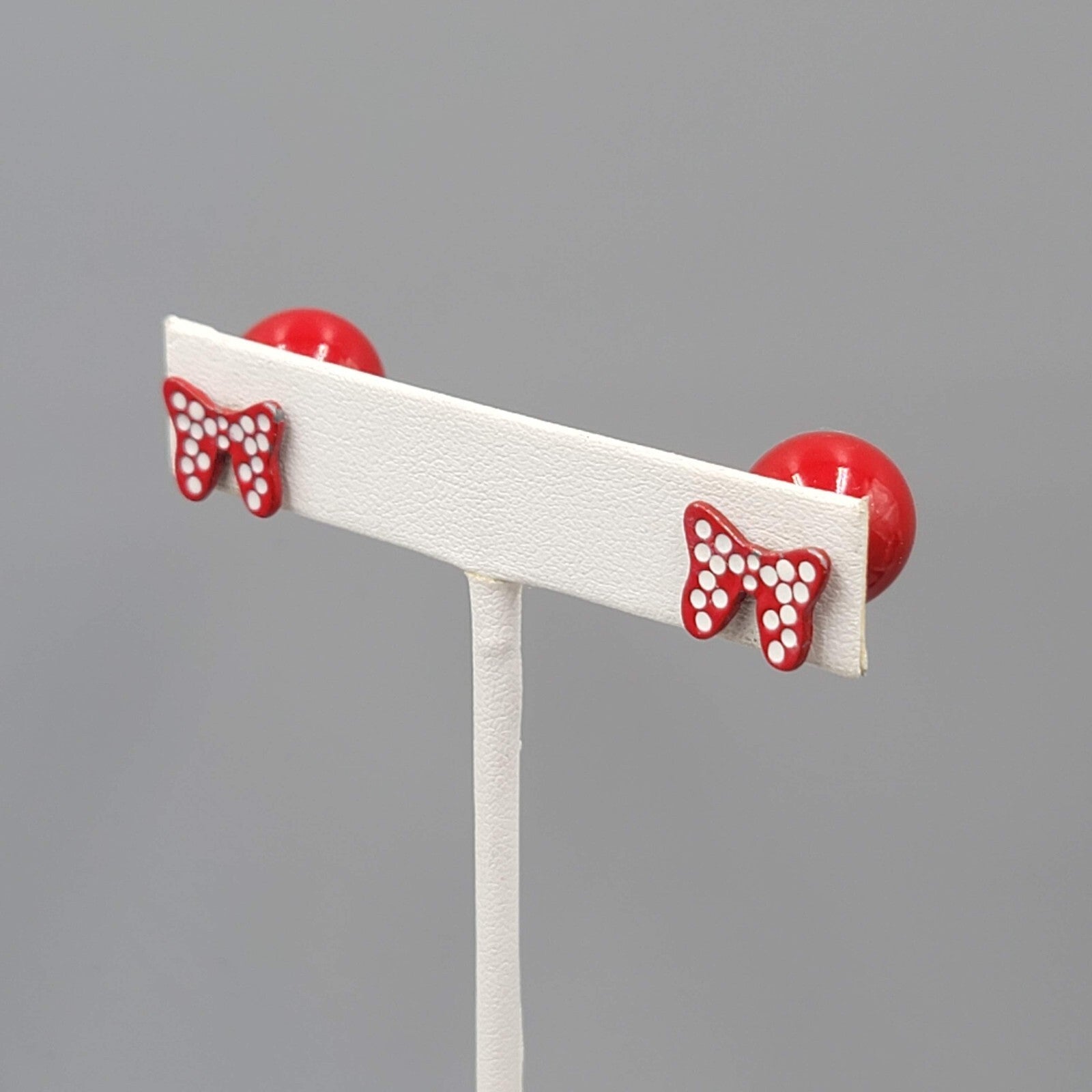Minnie Mouse Bow Pierced Earrings Red Enamel Reversible Studs 