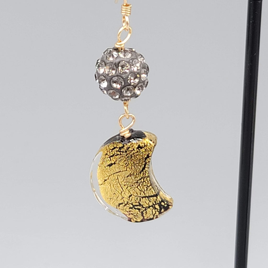 Dichroic Glass Moon Pierced Earrings Gold tone Rhinestone Dangle 1.5"