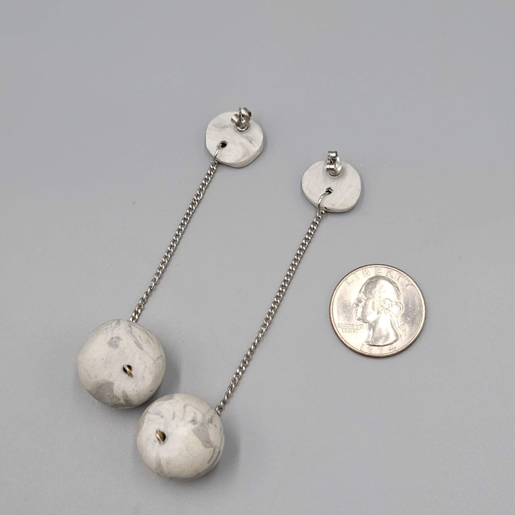 Polymer Clay Statement Pierced Earrings Silver tone Gray Dangle Long 3.75"