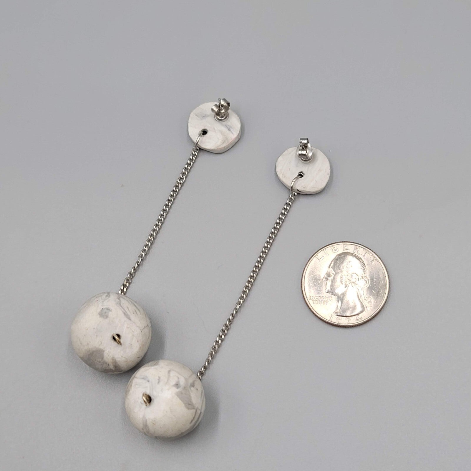 Polymer Clay Statement Pierced Earrings Silver tone Gray Dangle Long 3.75"