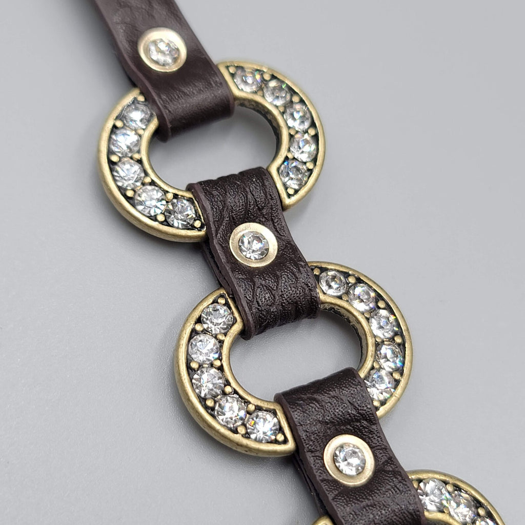 Guang Tong Brown Leather Bracelet Snaps Rhinestones Bronze tone