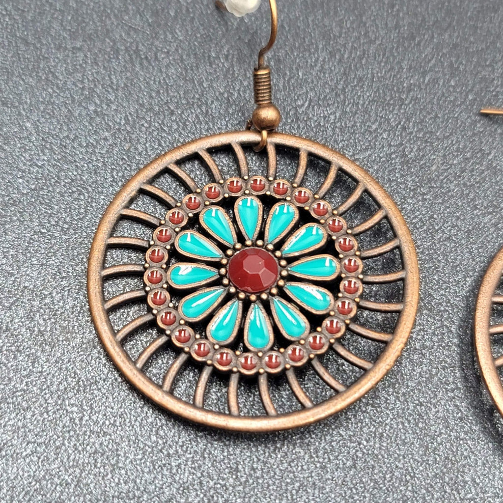 New Boho Pierced Earrings Bronze tone Blue Enamel Round Open Flower Dangle 1.25"