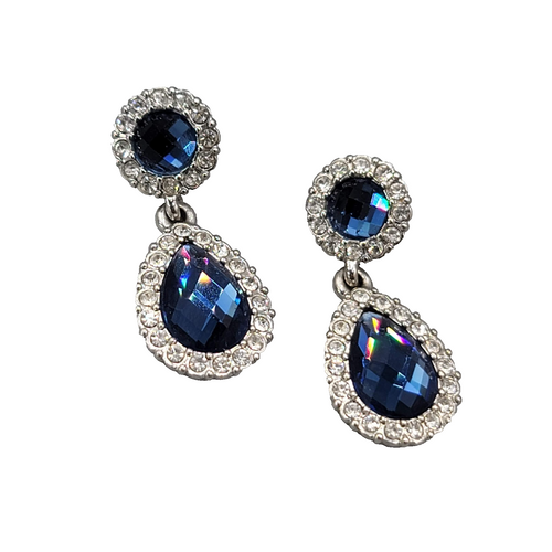 Blue Faceted Crystal Teardrop Pierced Earrings Silver tone Dangle 1.5 in