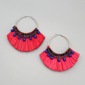 Large Statement Red Rattan Pierced Earrings Purple Bead Hoops 3"