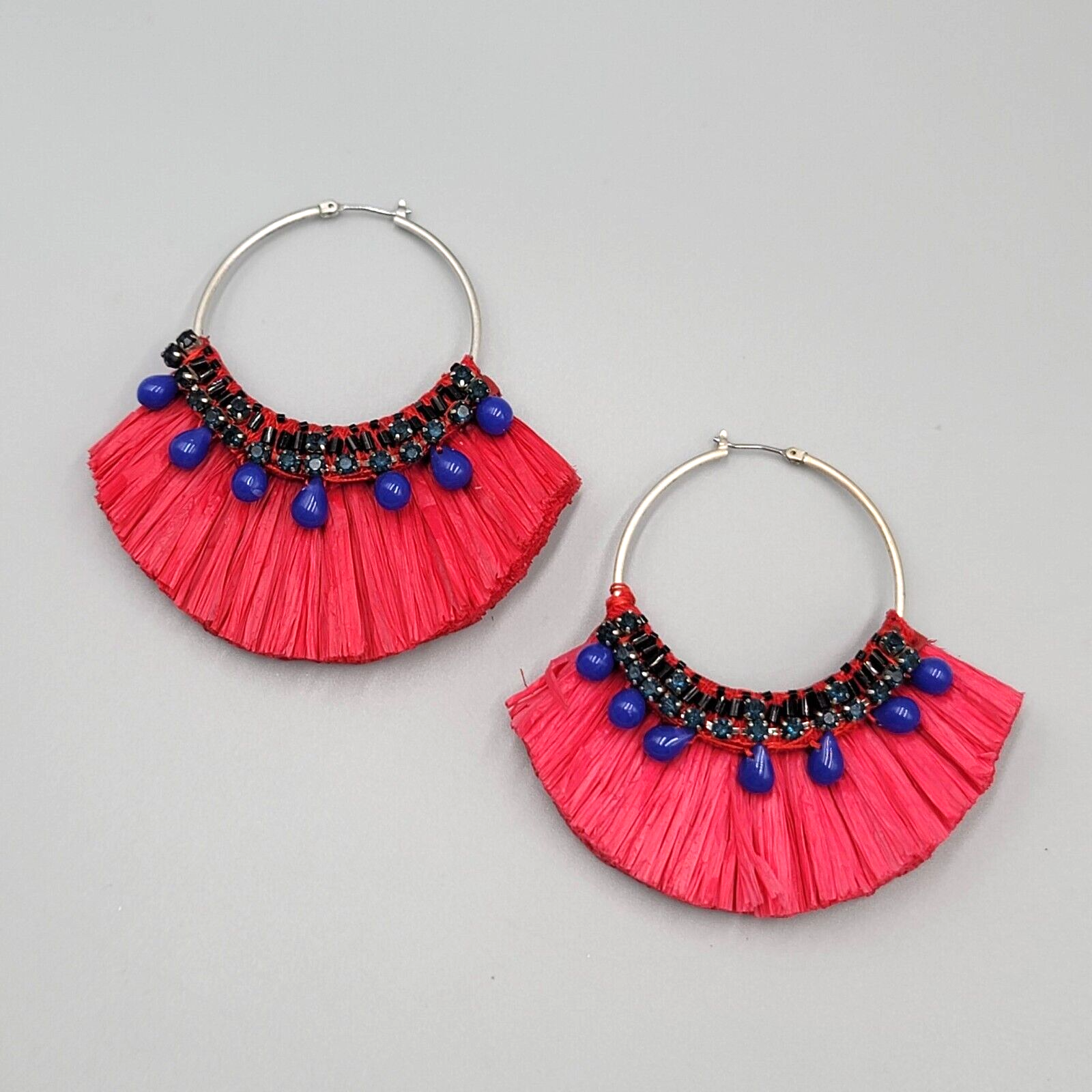 Large Statement Red Rattan Pierced Earrings Purple Bead Hoops 3"