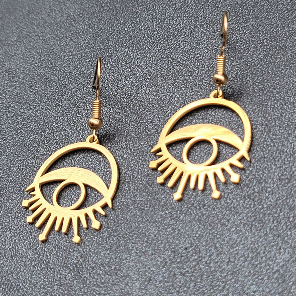 New Evil Eye Pierced Earrings Sun Rays Gold Plated Statement Dangle 1"