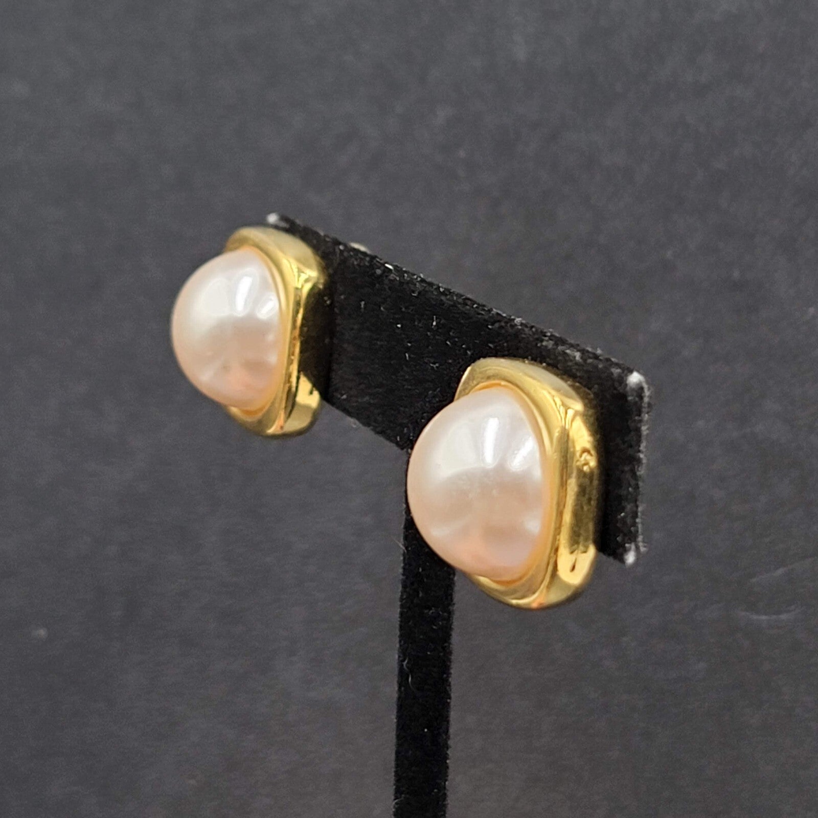 Vintage DP Clip on Earrings Gold tone White Imitation Pearl Studs 5/8"