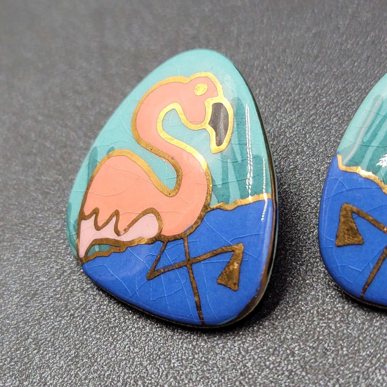 Vintage Flamingo Pierced Earrings Ceramic Hand Painted Drop 1.5"
