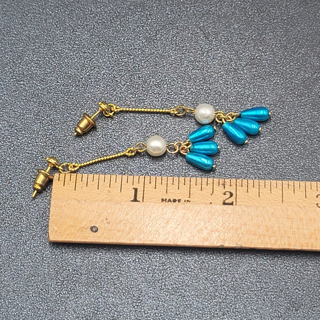 Pierced Earrings Gold Plated Bright Blue Beads Faux Pearl Dangle 2.25"