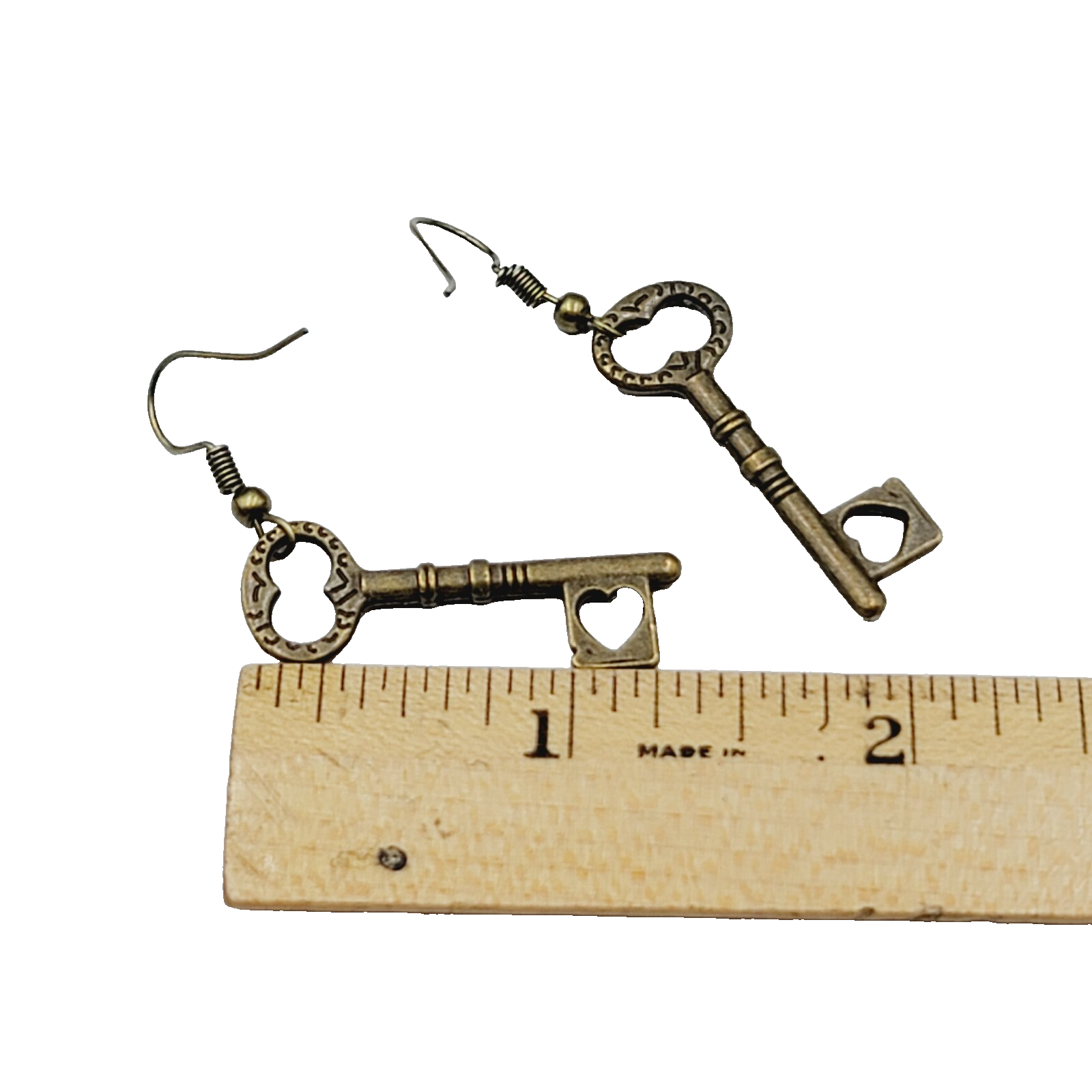New Heart Skeleton Key Pierced Earrings Bronze tone Dangle 1 3/8"