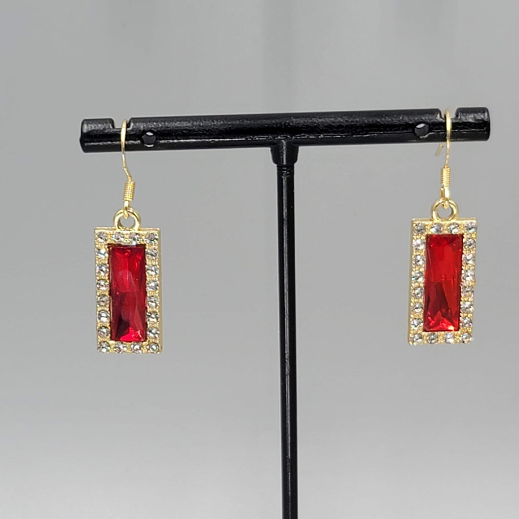 Red Rhinestone Rectangle Pierced Earrings Gold tone Dangle 7/8"