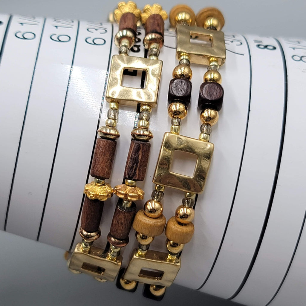 Set of 2 Bracelets Gold tone Wood Bead Elastic 7"