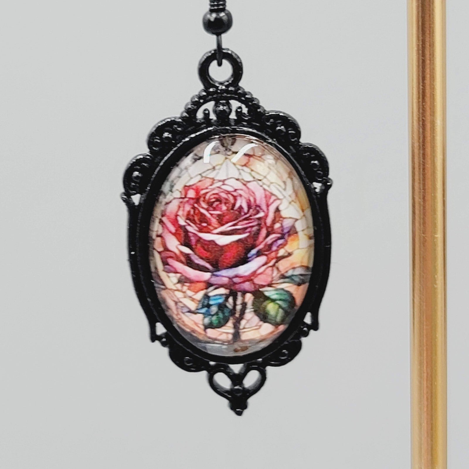 Glass Dome Pink Rose Pierced Earrings Oval Dangle Black Enamel 1 5/8"