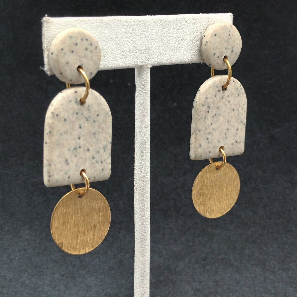 Pierced Earrings Speckled Acrylic Gold tone Geometric Statement Dangle 2 3/8"