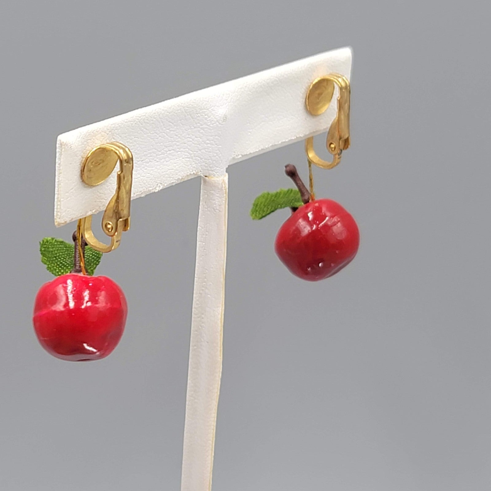Vintage Apple Clip on Earrings Gold tone Dangle 1 in