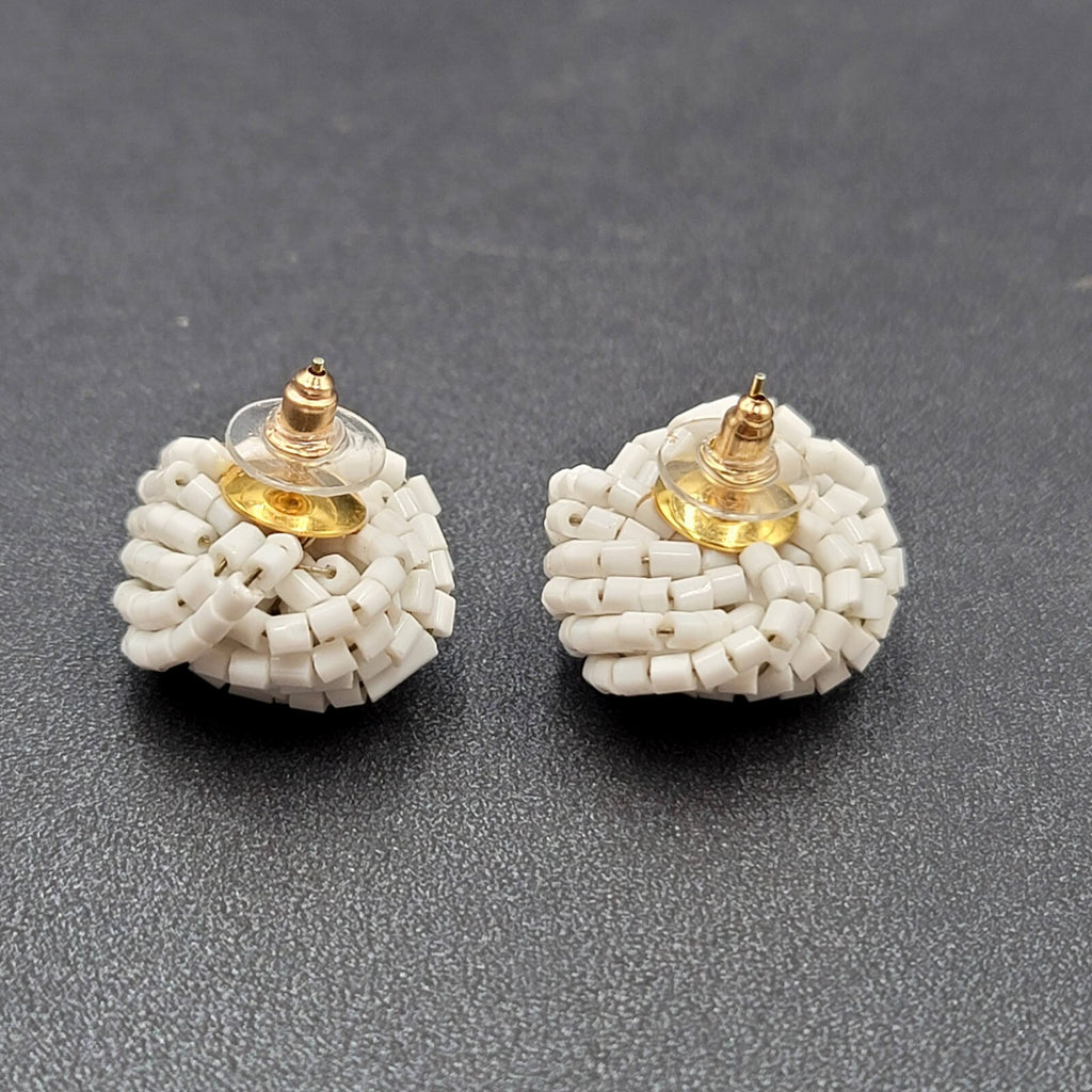 Vintage Pierced Earrings White Seed Beads Knot Estate Jewelry 1"