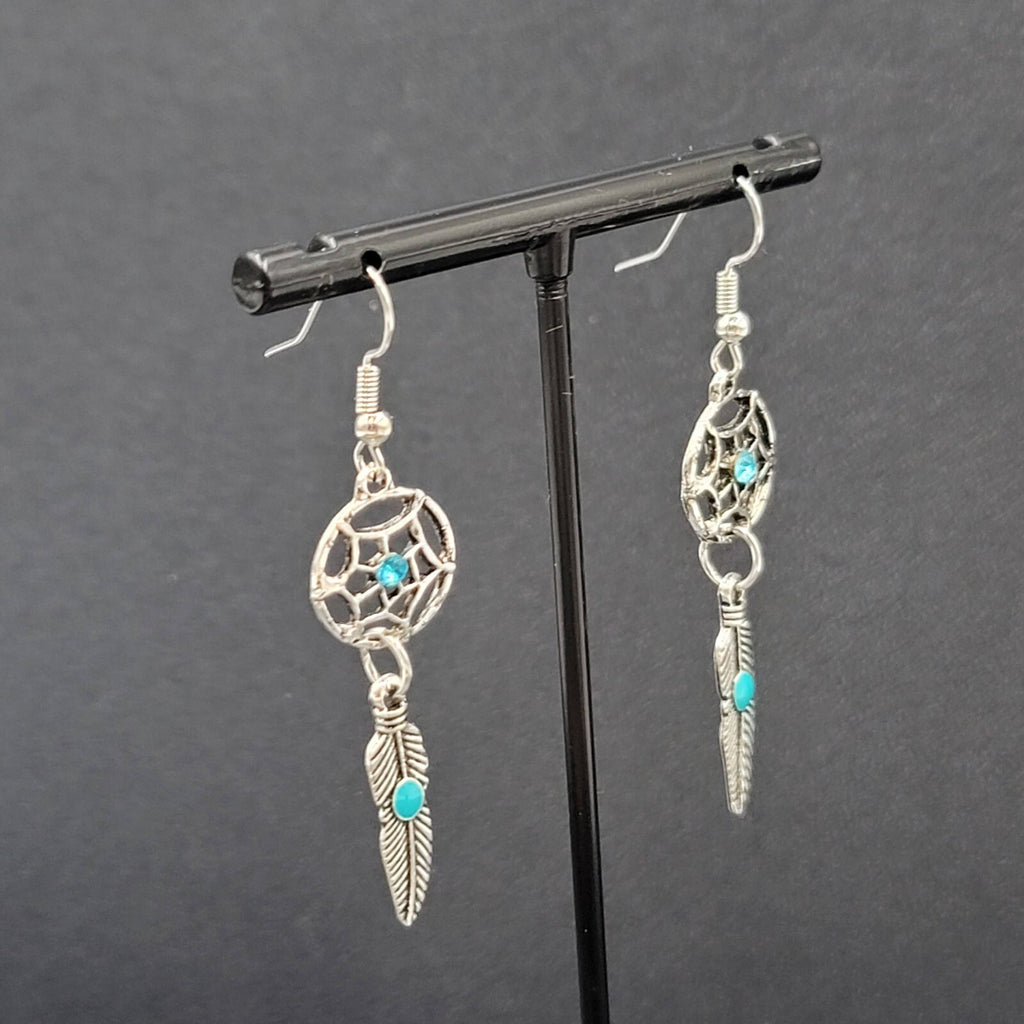 Dreamcatcher Pierced Earrings Silver tone Blue Rhinestone Enamel Feather  1 5/8"