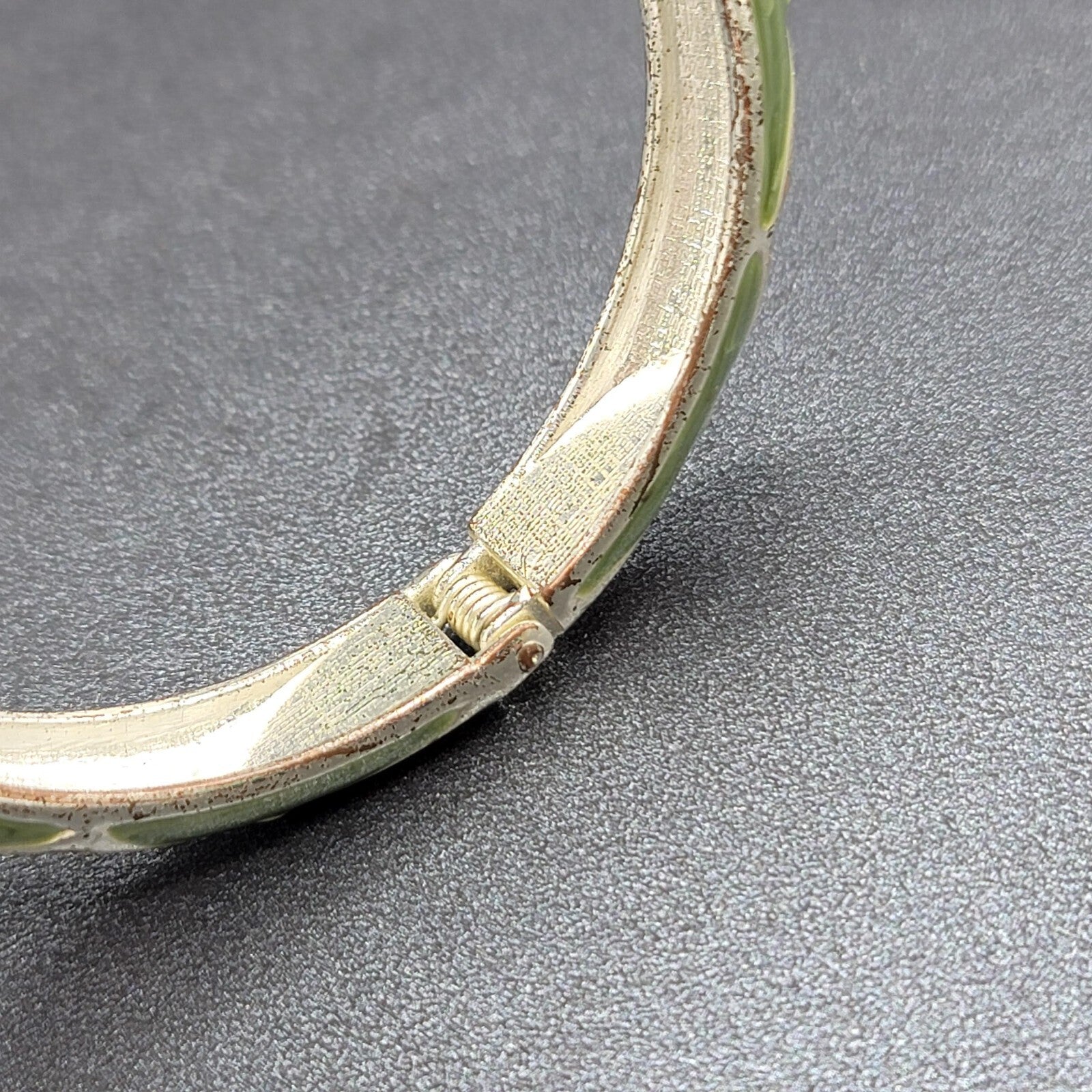 Hinged Bracelet Bangle Silver tone Crystal Green Orange Enamel