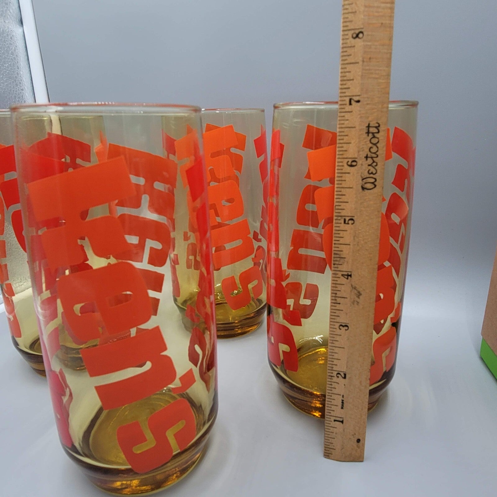 Vintage Kens Pizza Drinking Glass Amber Glass Orange Lettering Large 7" Set of 4