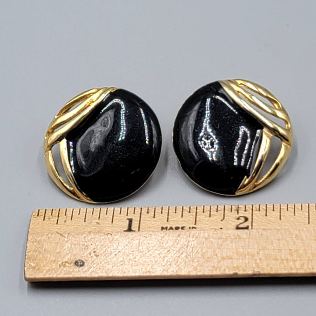Vintage Clip on Earrings Gold tone Black Enamel Statement Drop 1 1/8"