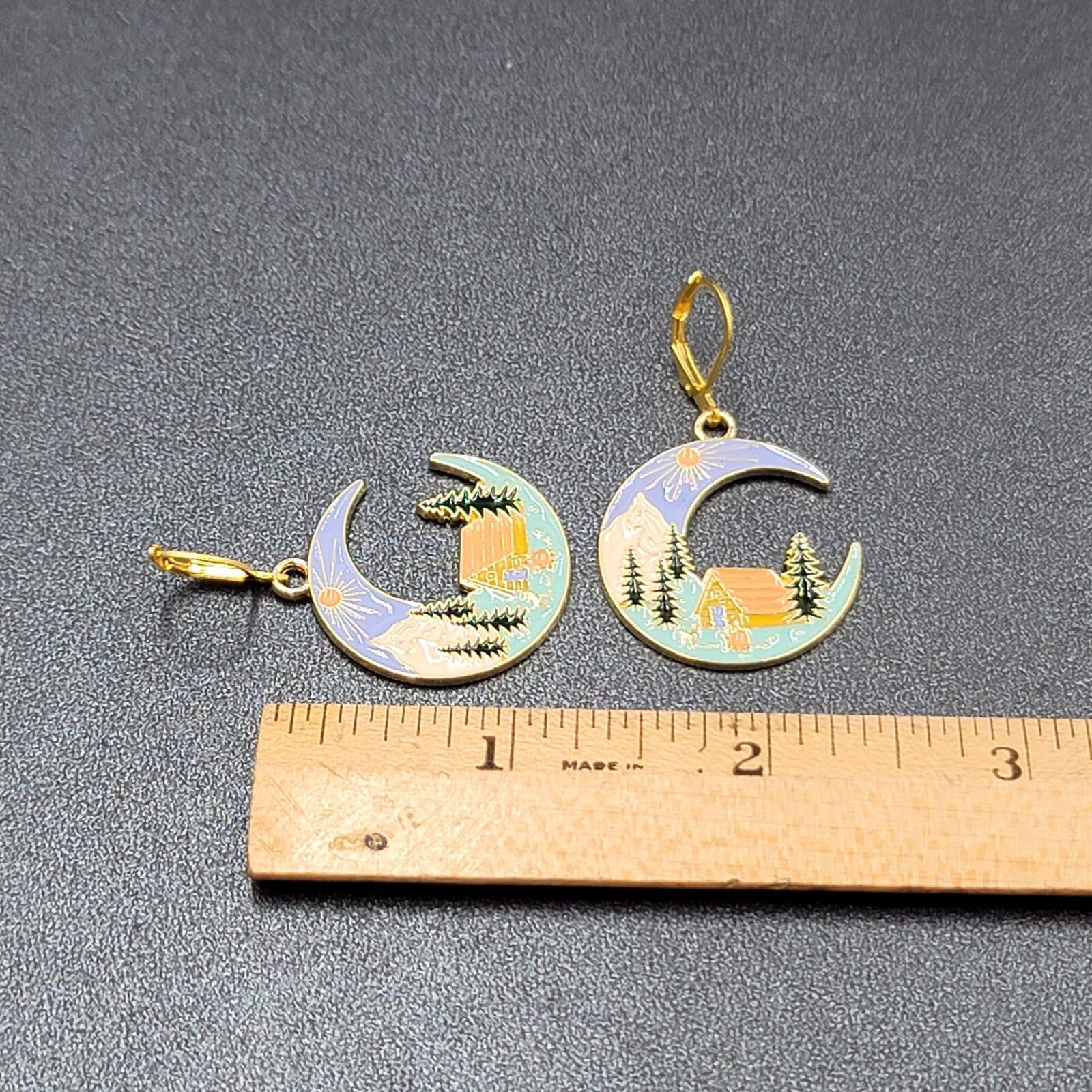New Camping Scene Pierced Earrings Gold tone Enamel Dangle Moon Tent 1.25" FS