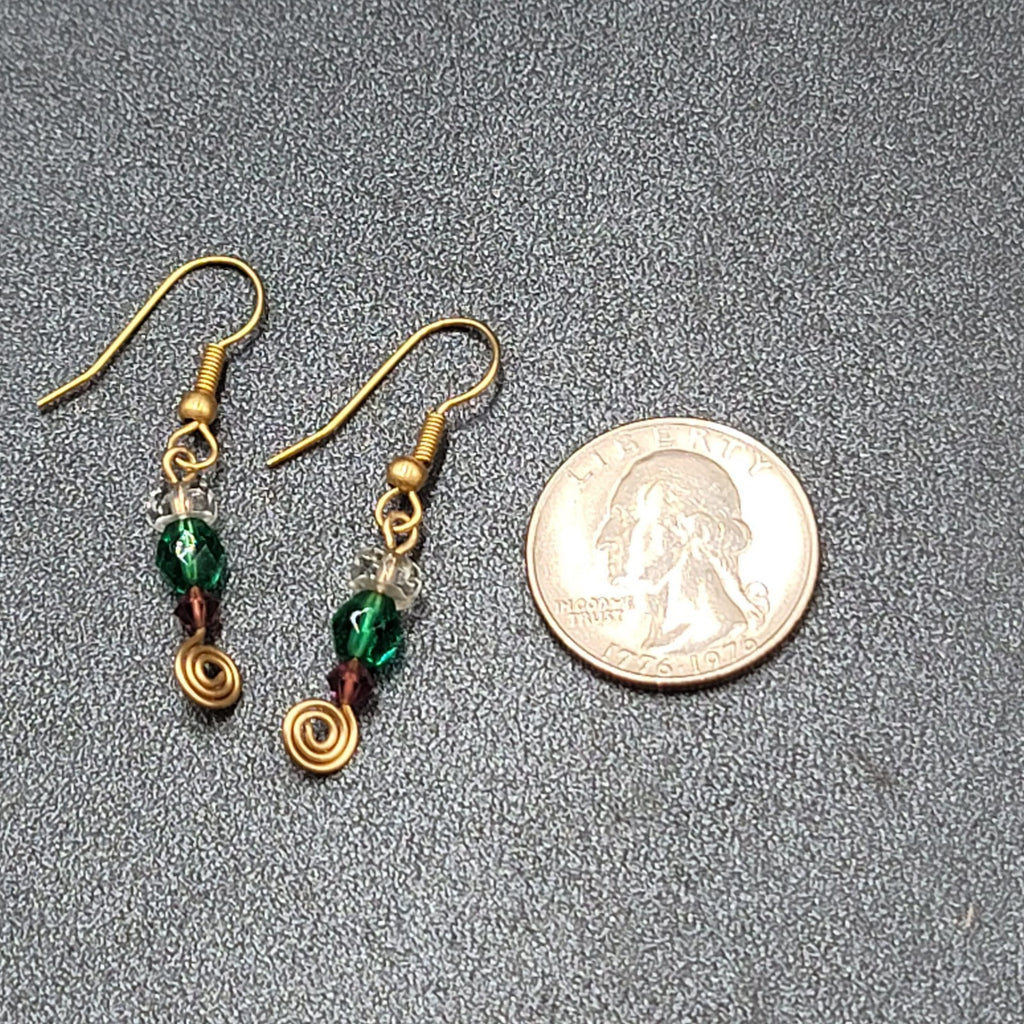 Pierced Earrings Gold tone Green Purple Clear Bead Dangle 1"