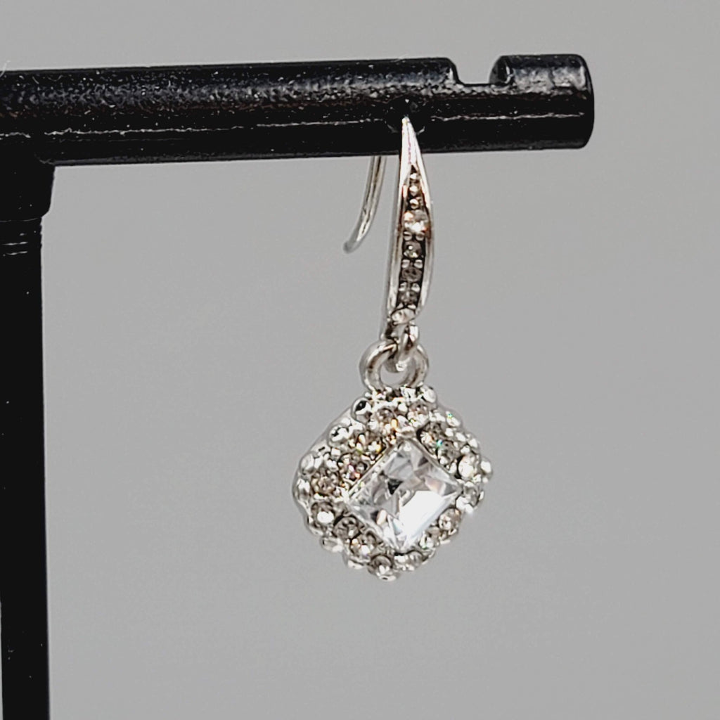 Pierced Earrings Silver tone Crystal Rhinestone Dangle  1/2"