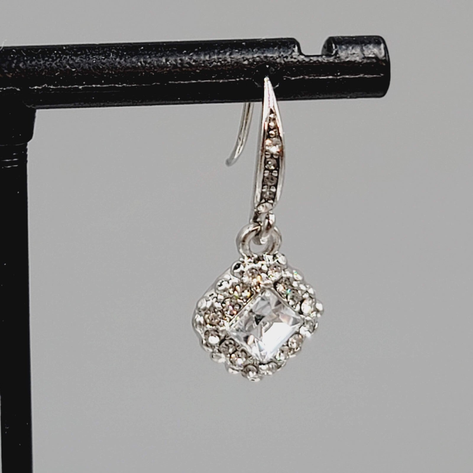 Pierced Earrings Silver tone Crystal Rhinestone Dangle  1/2"